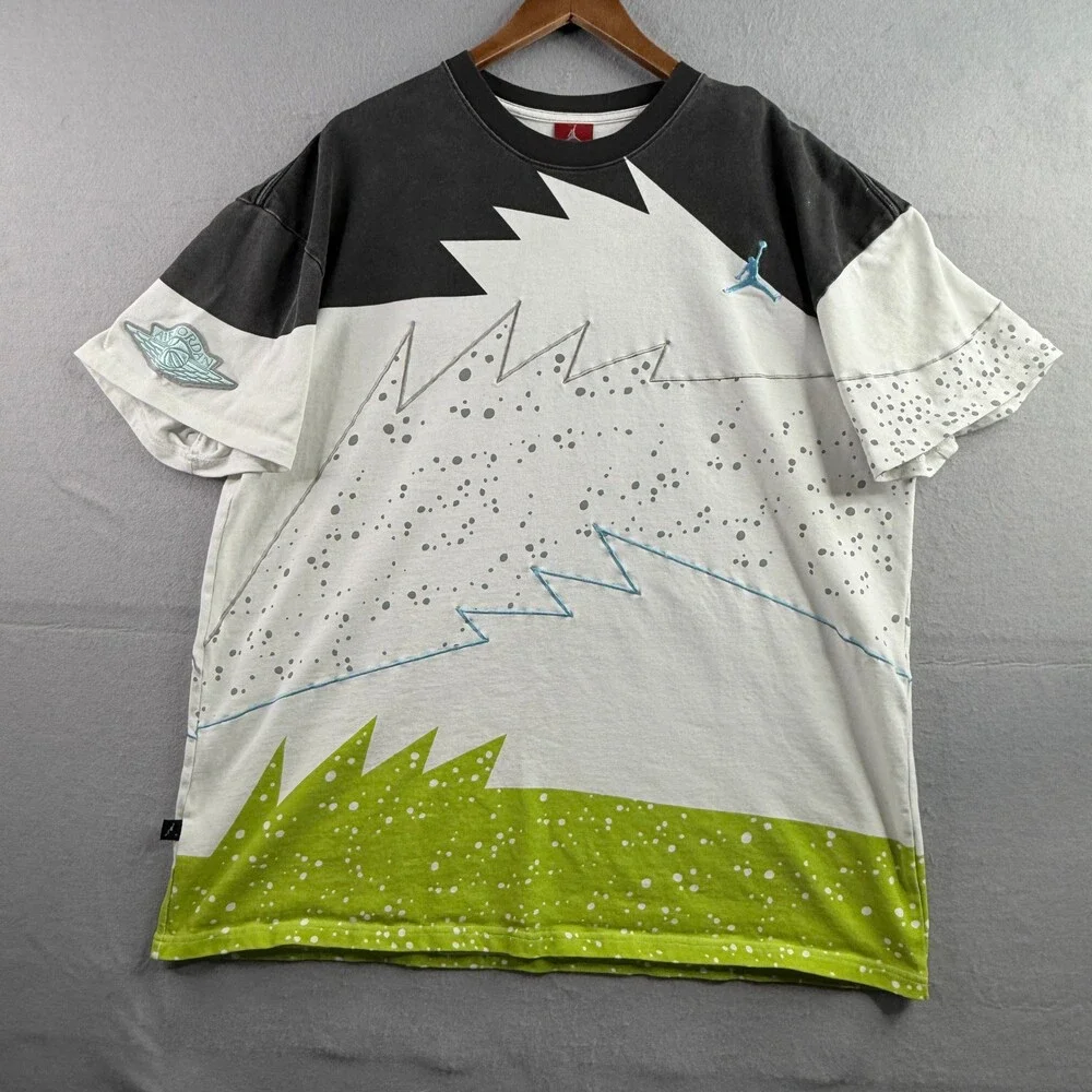 Nike Air Jordan 5 Shark Teeth Shirt XXL Cement Splatter Green White Embroidered